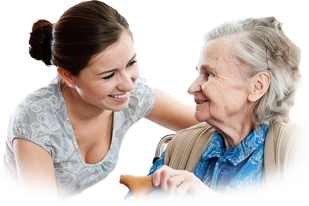 Health care professional smiling with elderly woman